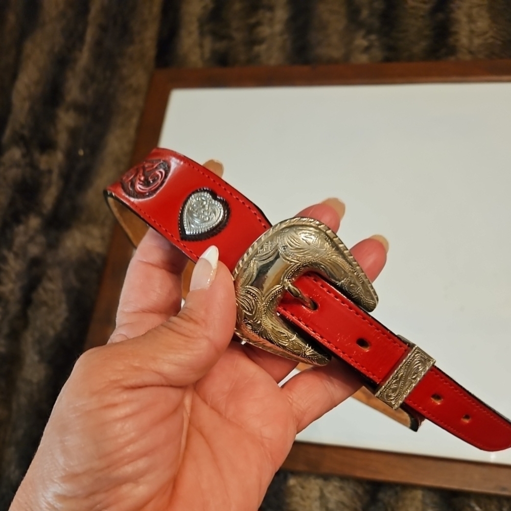 Girl's Kids 28" Red Leather Western Belt with Heart Accents